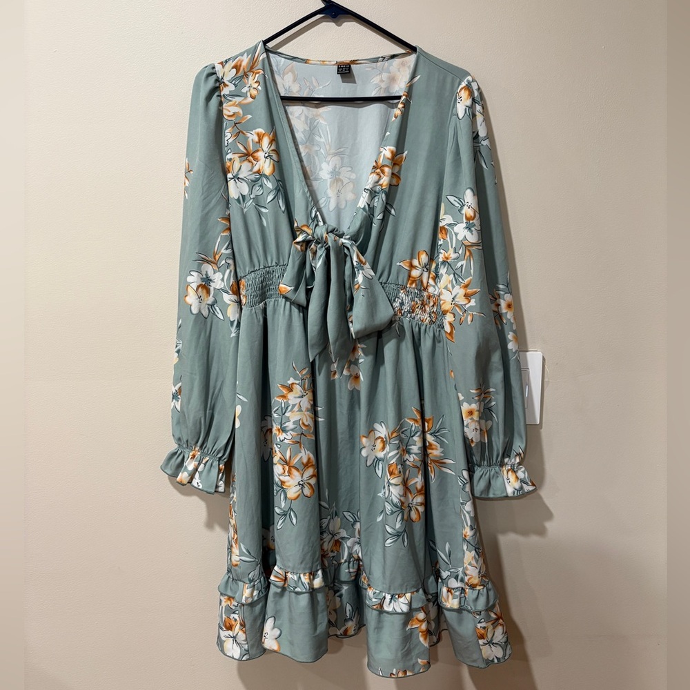 Light Olive Green Floral Long Sleeve Dress